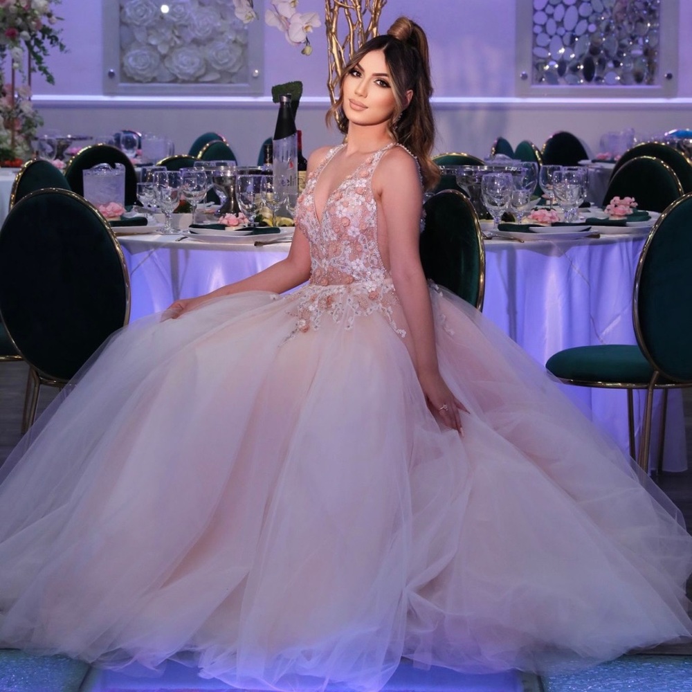 Floral Embellished V Neck Jovani Ballgown